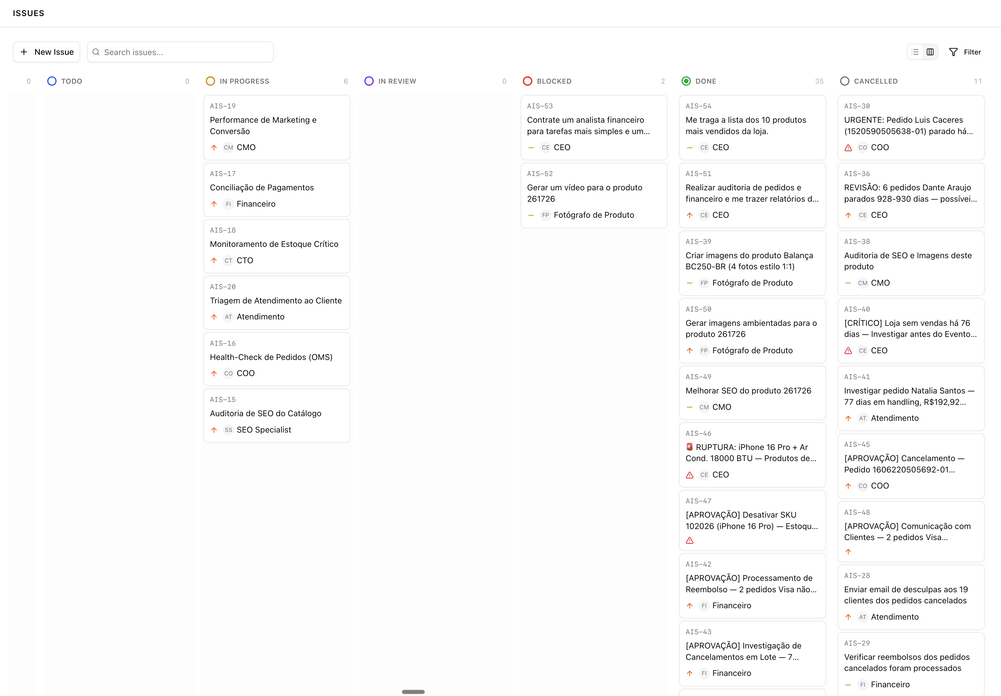 Kanban de tarefas dos agentes